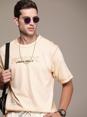 FCUK Solid Men Round Neck Beige T-Shirt
