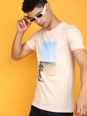 V-MART Printed Men Round Neck Beige T-Shirt