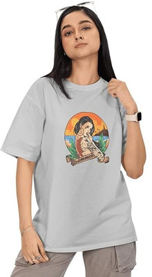 Carbonyte Printed Women Round Neck Grey T-Shirt