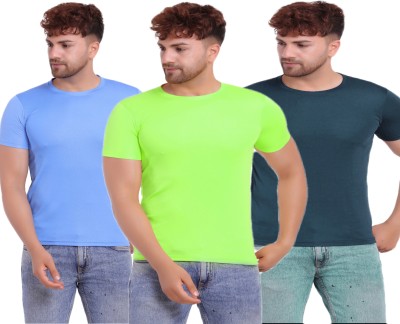 KASPY Solid Men Round Neck Dark Blue, Light Blue, Light Green T-Shirt
