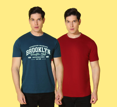 WOOSTRO Typography, Solid Men Round Neck Blue, Maroon T-Shirt