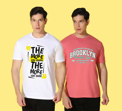 WOOSTRO Printed Men Round Neck White, Pink T-Shirt