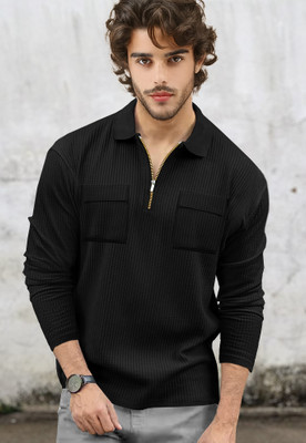 TRIPR Solid Men Polo Neck Black T-Shirt