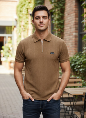 BANSII Self Design Men Zip Neck Brown T-Shirt