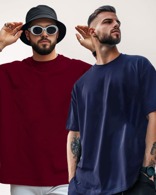 AUSK Solid Men Round Neck Maroon, Navy Blue T-Shirt