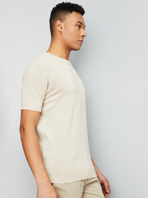 MAX Solid Men Round Neck Beige T-Shirt