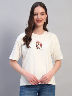 CANTABIL Printed Women Round Neck Beige T-Shirt