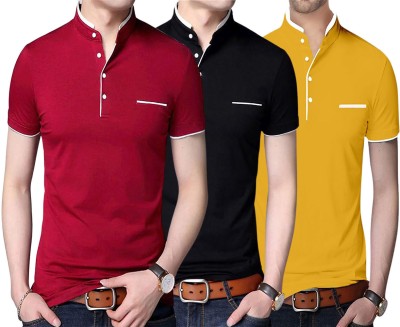 Style Pitara Solid Men Mandarin Collar Black, Red, Yellow T-Shirt