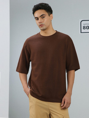 NOBERO Self Design Men Crew Neck Brown T-Shirt