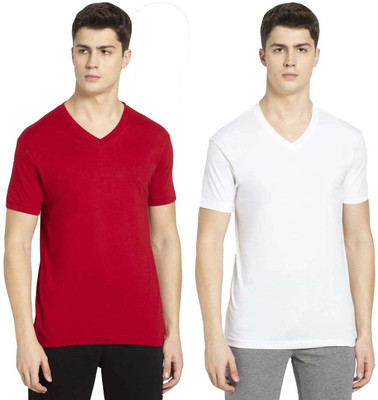 JOCKEY Solid Men V Neck Red, White T-Shirt