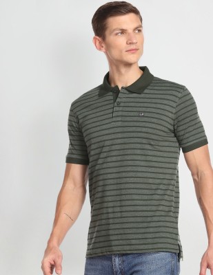 ARROW Striped Men Polo Neck Green T-Shirt