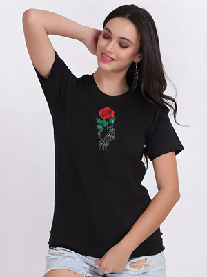 Moda Rapido Printed Women Round Neck Black T-Shirt