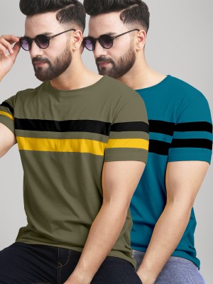 AUSK Colorblock Men Round Neck Dark Green, Dark Blue T-Shirt