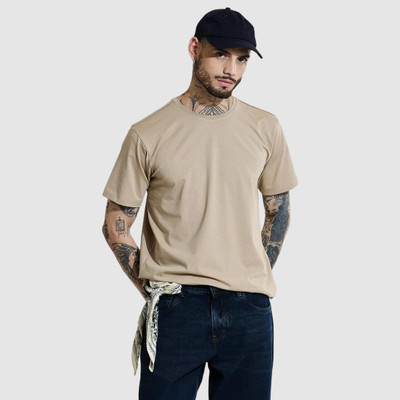 Snitch Solid Men Crew Neck Beige T-Shirt