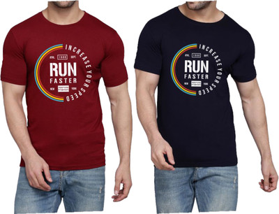 WOOSTRO Printed Men Round Neck Maroon, Dark Blue T-Shirt