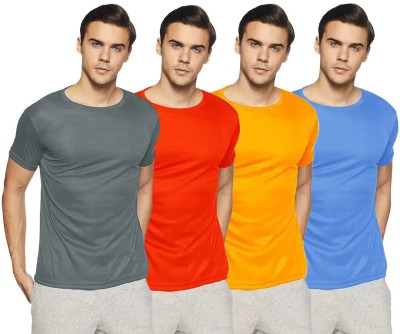 Femto Solid Men Round Neck Grey, Red, Yellow, Light Blue T-Shirt