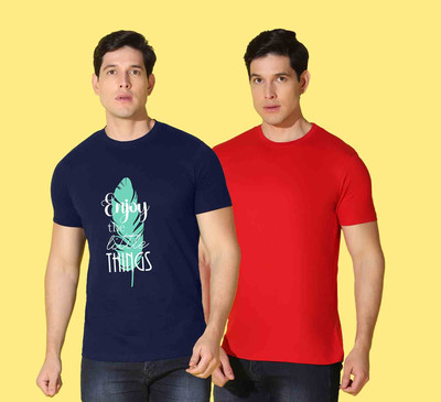WOOSTRO Printed, Solid Men Round Neck Navy Blue, Red T-Shirt