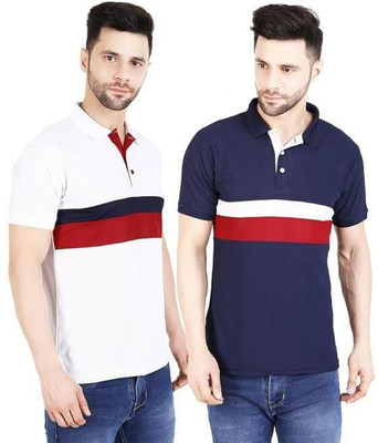RiverHill Solid, Colorblock Men Polo Neck White, Dark Blue T-Shirt