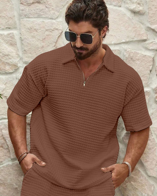 KAJARU Self Design Men Polo Neck Brown T-Shirt