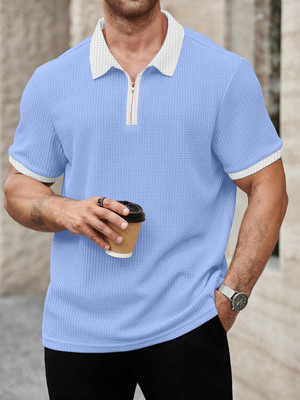 KAJARU Self Design Men Polo Neck Blue, White T-Shirt