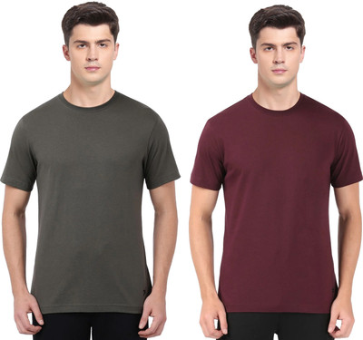 JOCKEY Solid Men Round Neck Grey, Maroon T-Shirt