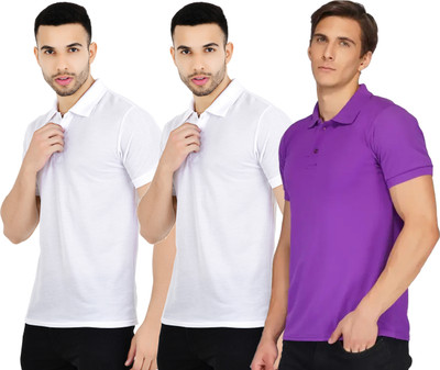 KEOTI Solid Men Polo Neck White, Purple T-Shirt