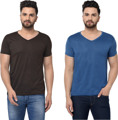 Tresna Trending Solid Men V Neck Dark Blue, Brown T-Shirt