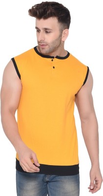 tfurnish Self Design Men Henley Neck Black, Yellow T-Shirt