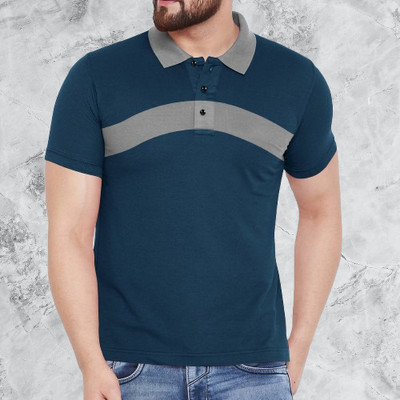 SCOWET Colorblock Men Polo Neck Blue T-Shirt