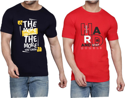 WOOSTRO Printed Men Round Neck Dark Blue, Red T-Shirt