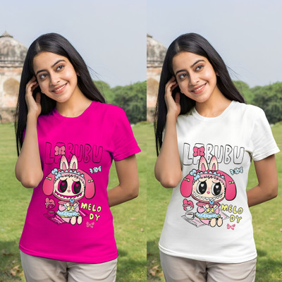 Kintu Parantu Cartoon Women Round Neck Pink T-Shirt