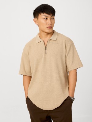 The Souled Store Solid Men Polo Neck Beige T-Shirt