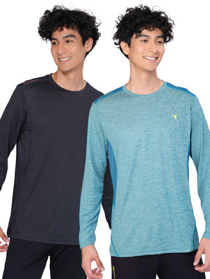 TECHNOSPORT Solid Men Round Neck Black, Blue T-Shirt