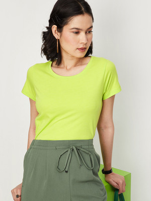 MAX Solid Women Round Neck Yellow T-Shirt