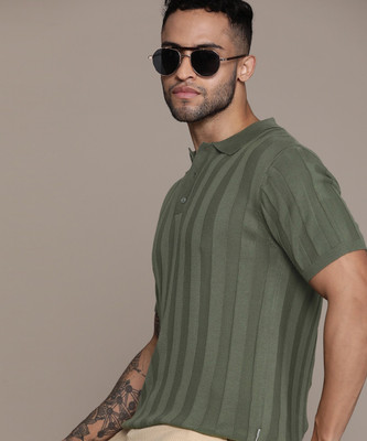 Roadster Self Design Men Polo Neck Green T-Shirt