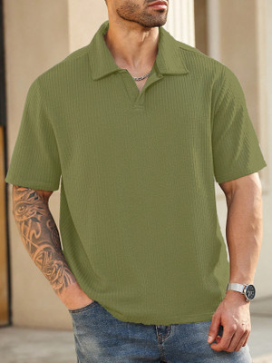 Zilcon Self Design Men Stylised Neck Light Green T-Shirt