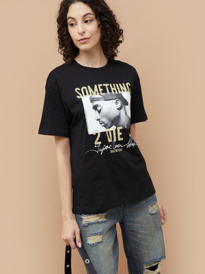Ginger by Lifestyle Printed Women Round Neck Black T-Shirt