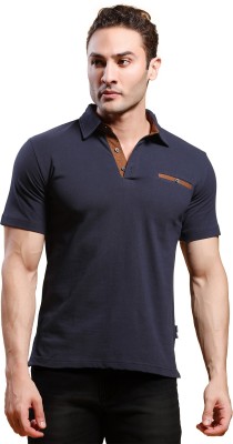 DREAM OF GLORY INC. Solid Men Polo Neck Navy Blue T-Shirt