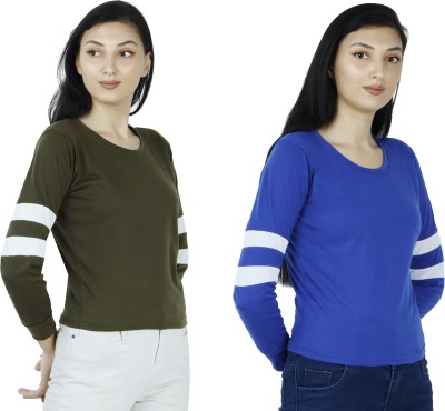 MIXFIT Self Design Women Round Neck White, Dark Blue, Dark Green T-Shirt