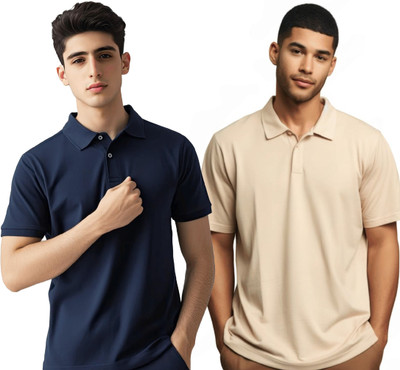 JEDFER Solid Men Polo Neck Navy Blue, Beige T-Shirt