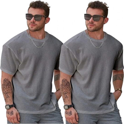 COPEHHI Solid Men Round Neck Grey T-Shirt