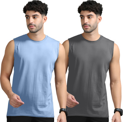 Adorbs Solid Men Round Neck Blue, Grey T-Shirt