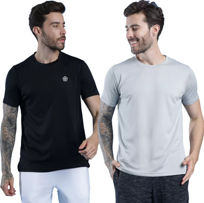 Tresna Fab Solid Men Round Neck Black, Grey T-Shirt