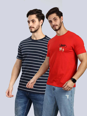 BE POSITIVE Printed Men Round Neck Red, Dark Blue T-Shirt