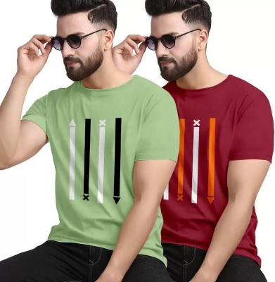 REVIZO Printed Men Round Neck Green, Maroon T-Shirt