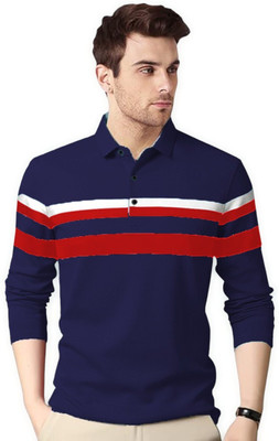 FASHIUM Striped Men Polo Neck Navy Blue T-Shirt