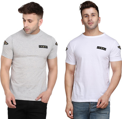 Money Leaf Solid Men Round Neck Silver, White T-Shirt