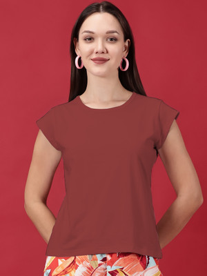 Novia Solid Women Round Neck Maroon T-Shirt