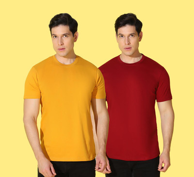 WOOSTRO Solid Men Round Neck Maroon, Yellow T-Shirt