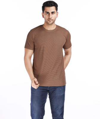 Fabrew Self Design Men Round Neck Brown T-Shirt